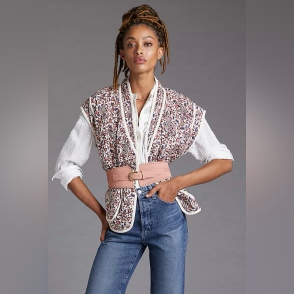 Anthropologie S/M Cream and Pink Floral Quilted Vest with Belt and Pockets